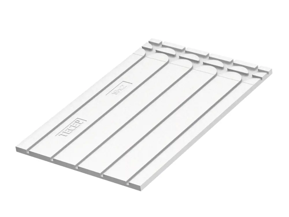 Weiße Trockenbauplatte mit parallelen Rillen von TECE, geeignet für den Einsatz in verschiedenen Bauprojekten zur Wand- oder Deckenkonstruktion.